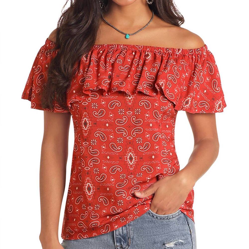 NEW ROCK & ROLL DENIM ots flounce top in red